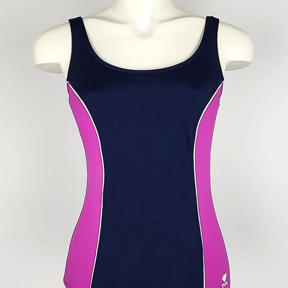 TYR Women's Blue Pink Tank Solid Paneled Piping One Piece  Swimsuit Size Medium - Picture 2 of 14